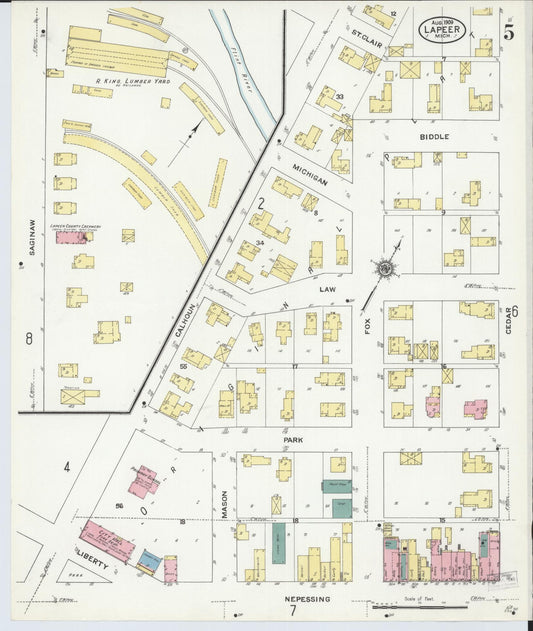 Sanborn Fire Insurance Map from Lapeer, Lapeer County, Michigan (1909), Sheet #0005 - Historic Sanborn Fire Insurance Map Print, vintage old map wall art, antique decor, genealogy gift, Michigan Michigan map
