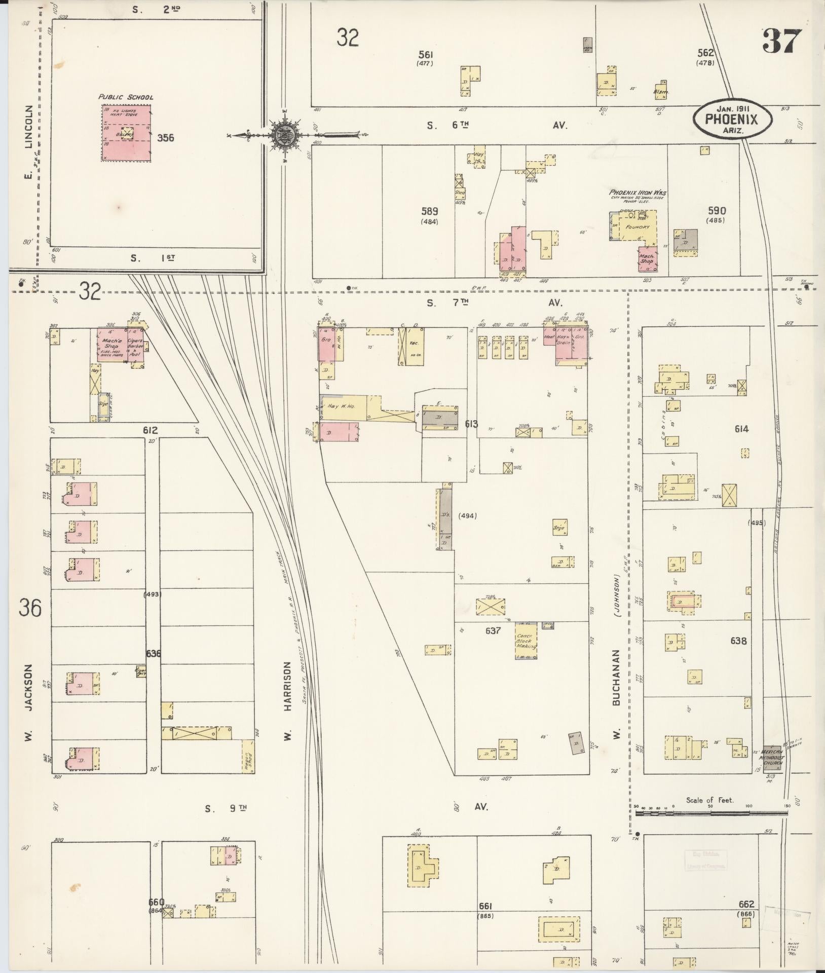 Sanborn Fire Insurance Map from Phoenix, Maricopa County, Arizona (1911), Sheet #0037 - Historic Sanborn Fire Insurance Map Print, vintage old map wall art, antique decor, genealogy gift, Arizona Arizona map