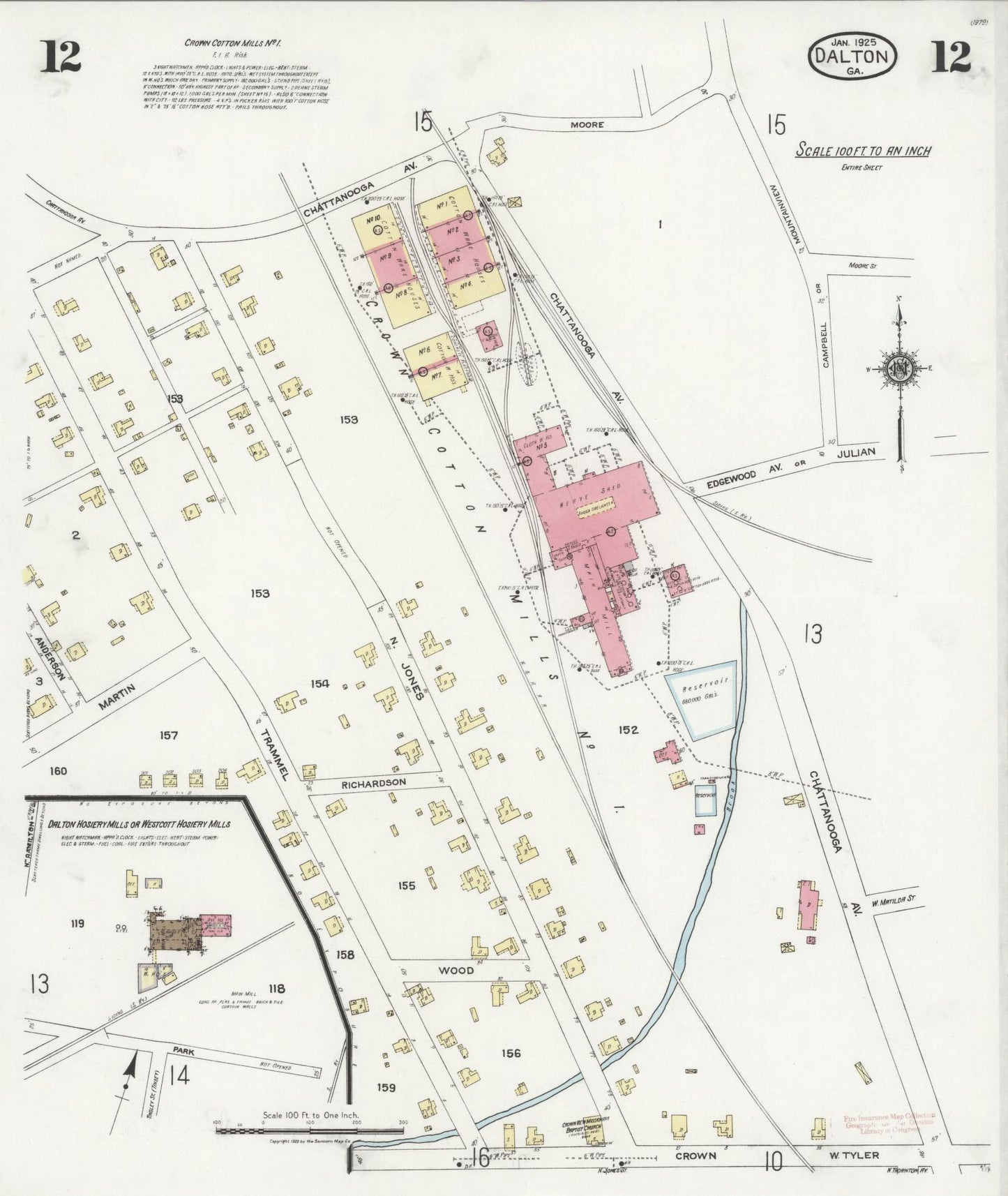 Sanborn Fire Insurance Map from Dalton, Whitfield County, Georgia (1925), Sheet #0012 - Complete Map Set gallery image, historic Sanborn map, vintage wall art, Georgia Georgia