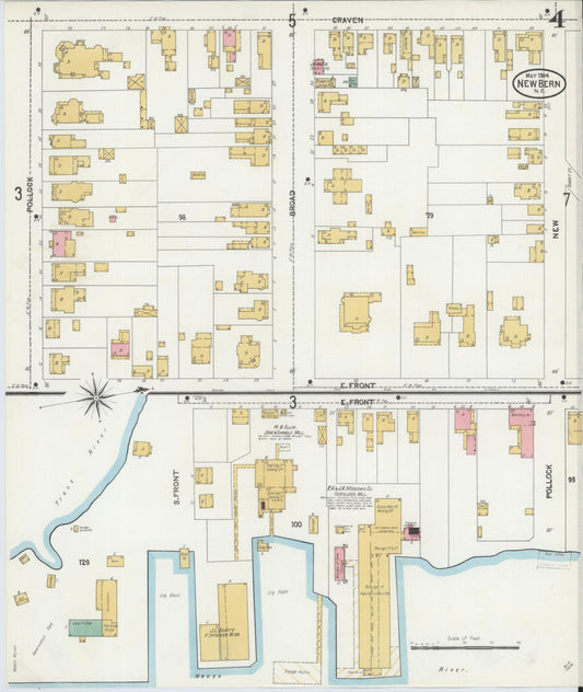 Sanborn Fire Insurance Map from New Bern, Craven County, North Carolina (1904), Sheet #0004 - Historic Sanborn Fire Insurance Map Print, vintage old map wall art, antique decor, genealogy gift, North Carolina North Carolina map