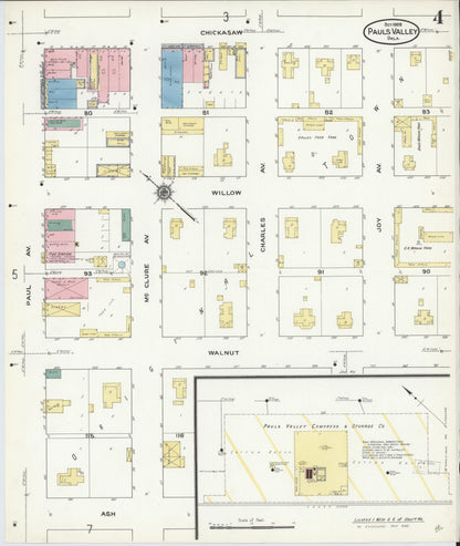 Sanborn Fire Insurance Map from Pauls Valley, Garvin County, Oklahoma (1909), Sheet #0004 - Complete Map Set gallery image, historic Sanborn map, vintage wall art, Oklahoma Oklahoma
