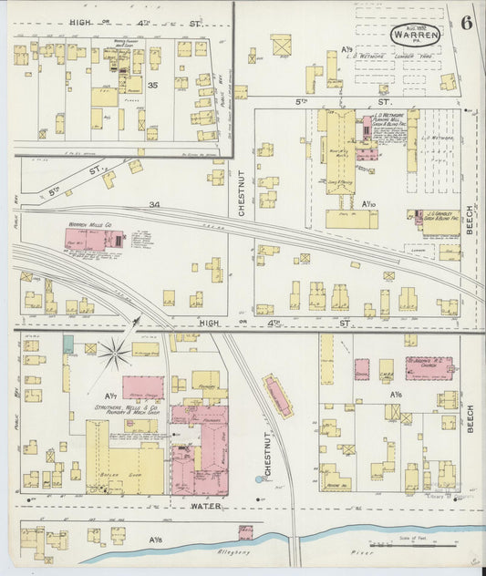 Sanborn Fire Insurance Map from Warren, Warren County, Pennsylvania (1892), Sheet #0006 - Historic Sanborn Fire Insurance Map Print, vintage old map wall art, antique decor, genealogy gift, Pennsylvania Pennsylvania map