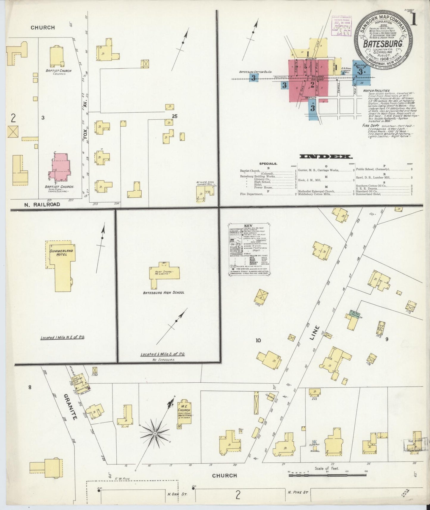 Sanborn Fire Insurance Map from Batesburg, Lexington And Saluda Counties, South Carolina (1908), Sheet #0001 - Historic Sanborn Fire Insurance Map Print, vintage old map wall art, antique decor, genealogy gift, South Carolina South Carolina map
