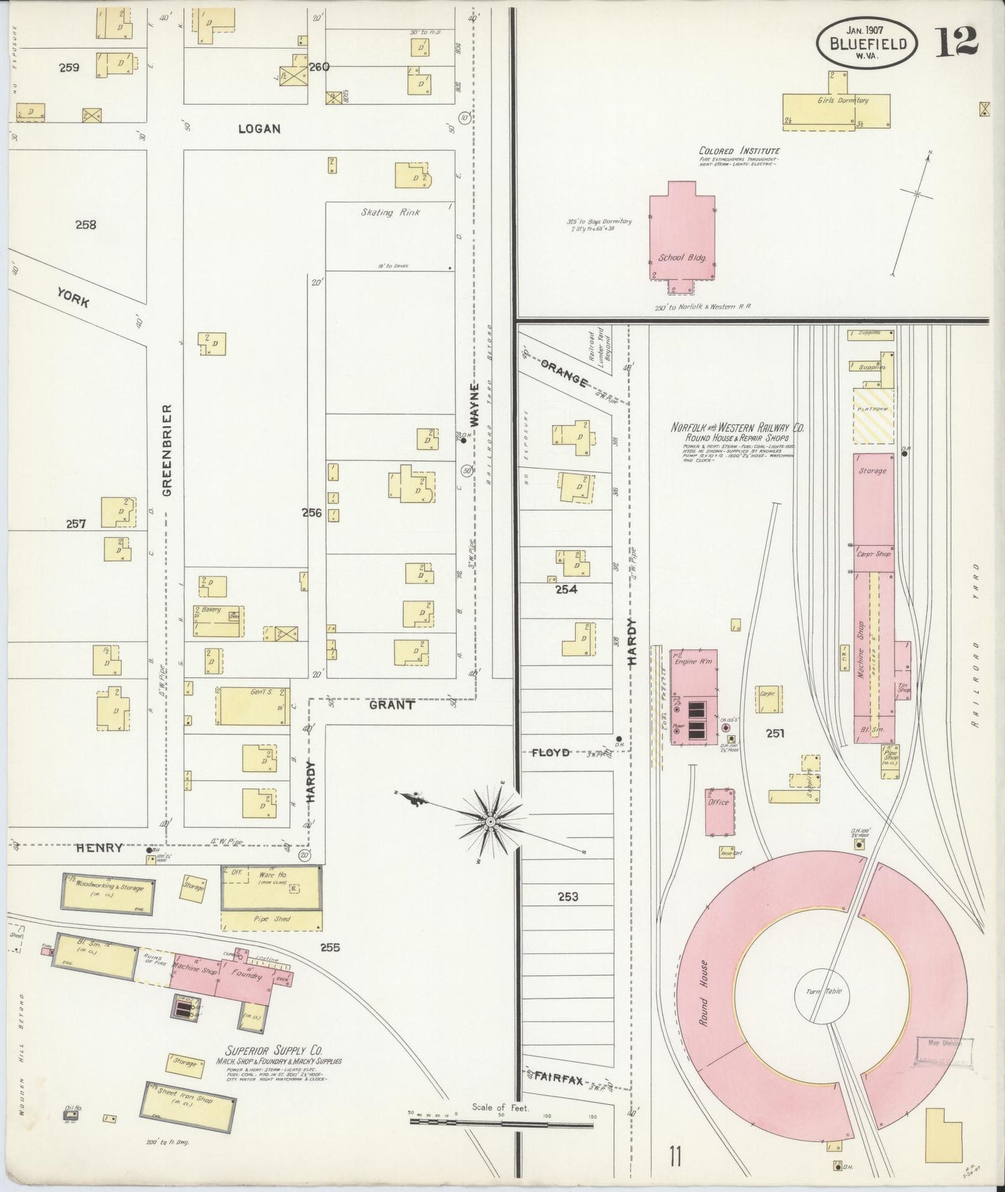 Sanborn Fire Insurance Map from Bluefield, Mercer County, West Virginia (1907), Sheet #0012 - Historic Sanborn Fire Insurance Map Print, vintage old map wall art, antique decor, genealogy gift, West Virginia West Virginia map
