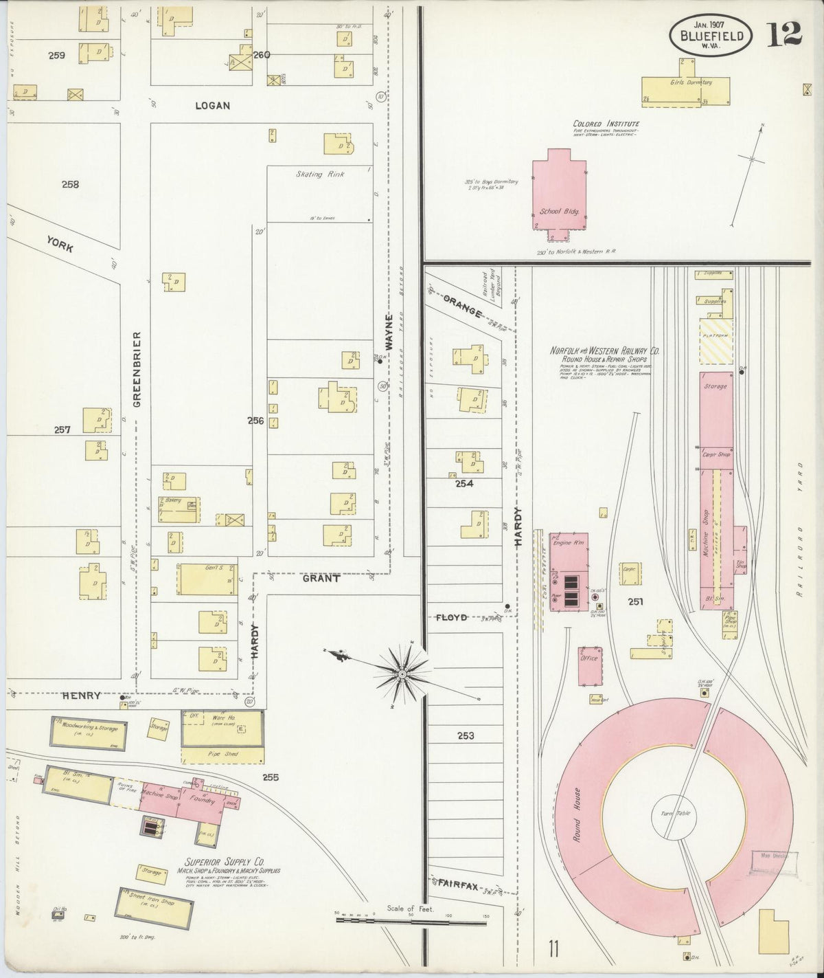 Sanborn Fire Insurance Map from Bluefield, Mercer County, West Virginia (1907), Sheet #0012 - Historic Sanborn Fire Insurance Map Print, vintage old map wall art, antique decor, genealogy gift, West Virginia West Virginia map