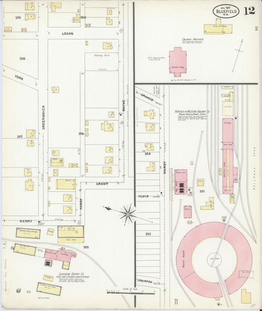 Sanborn Fire Insurance Map from Bluefield, Mercer County, West Virginia (1907), Sheet #0012 - Historic Sanborn Fire Insurance Map Print, vintage old map wall art, antique decor, genealogy gift, West Virginia West Virginia map