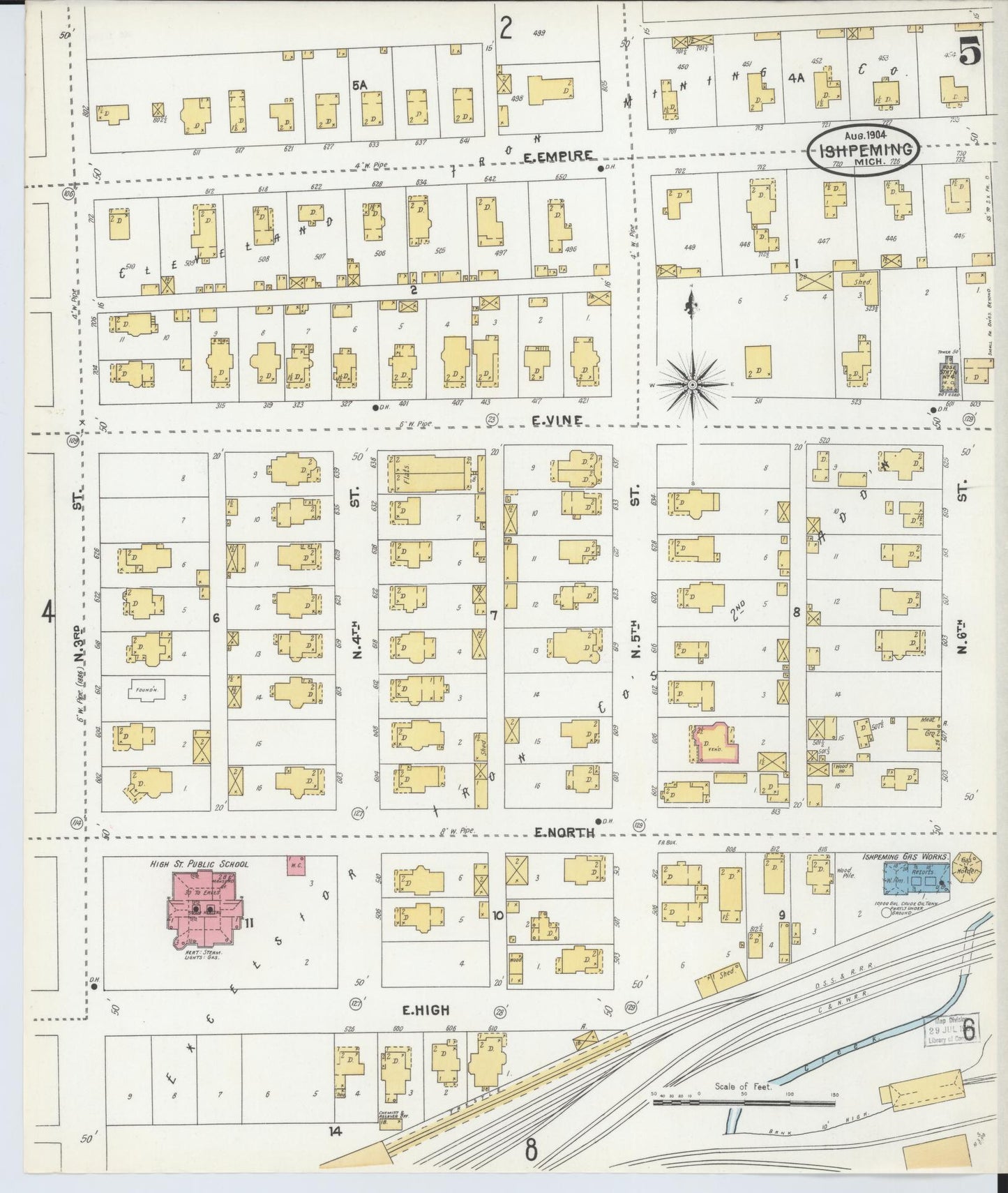 Sanborn Fire Insurance Map from Ishpeming, Marquette County, Michigan (1904), Sheet #0005 - Historic Sanborn Fire Insurance Map Print, vintage old map wall art, antique decor, genealogy gift, Michigan Michigan map