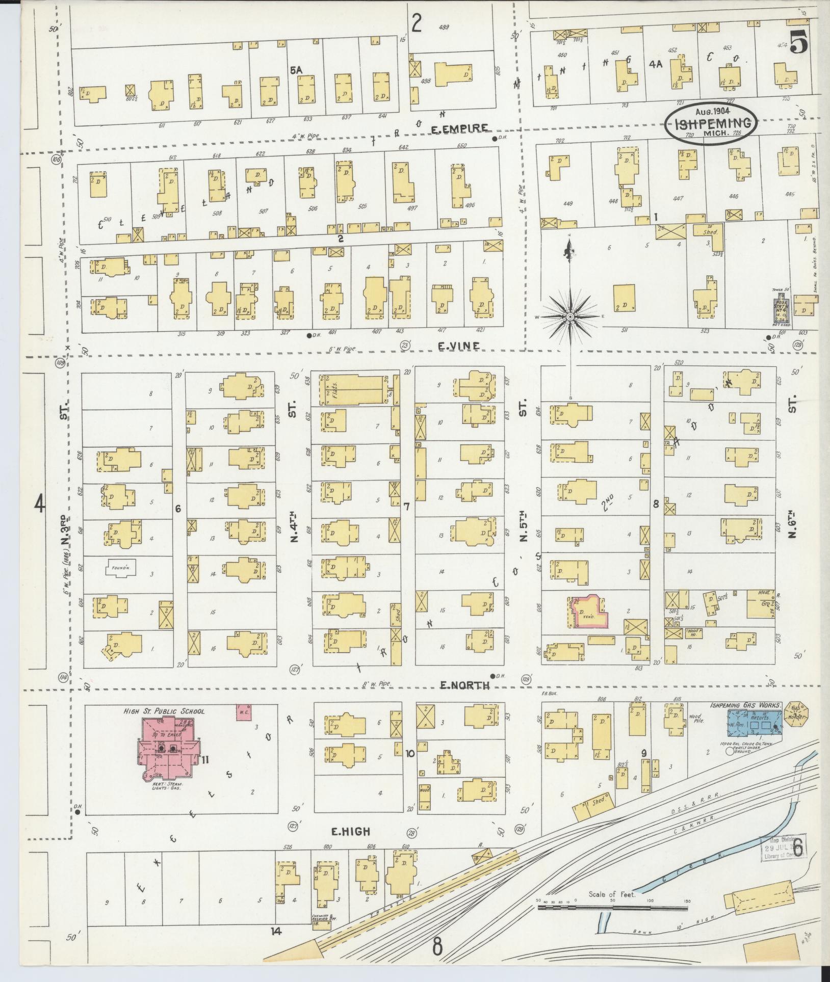 Sanborn Fire Insurance Map from Ishpeming, Marquette County, Michigan (1904), Sheet #0005 - Historic Sanborn Fire Insurance Map Print, vintage old map wall art, antique decor, genealogy gift, Michigan Michigan map
