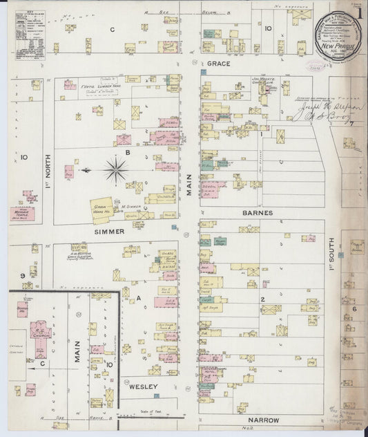 Sanborn Fire Insurance Map from New Prague, Scott And Le Sueur, Minnesota (1887), Sheet #0001 - Historic Sanborn Fire Insurance Map Print, vintage old map wall art, antique decor, genealogy gift, Minnesota Minnesota map