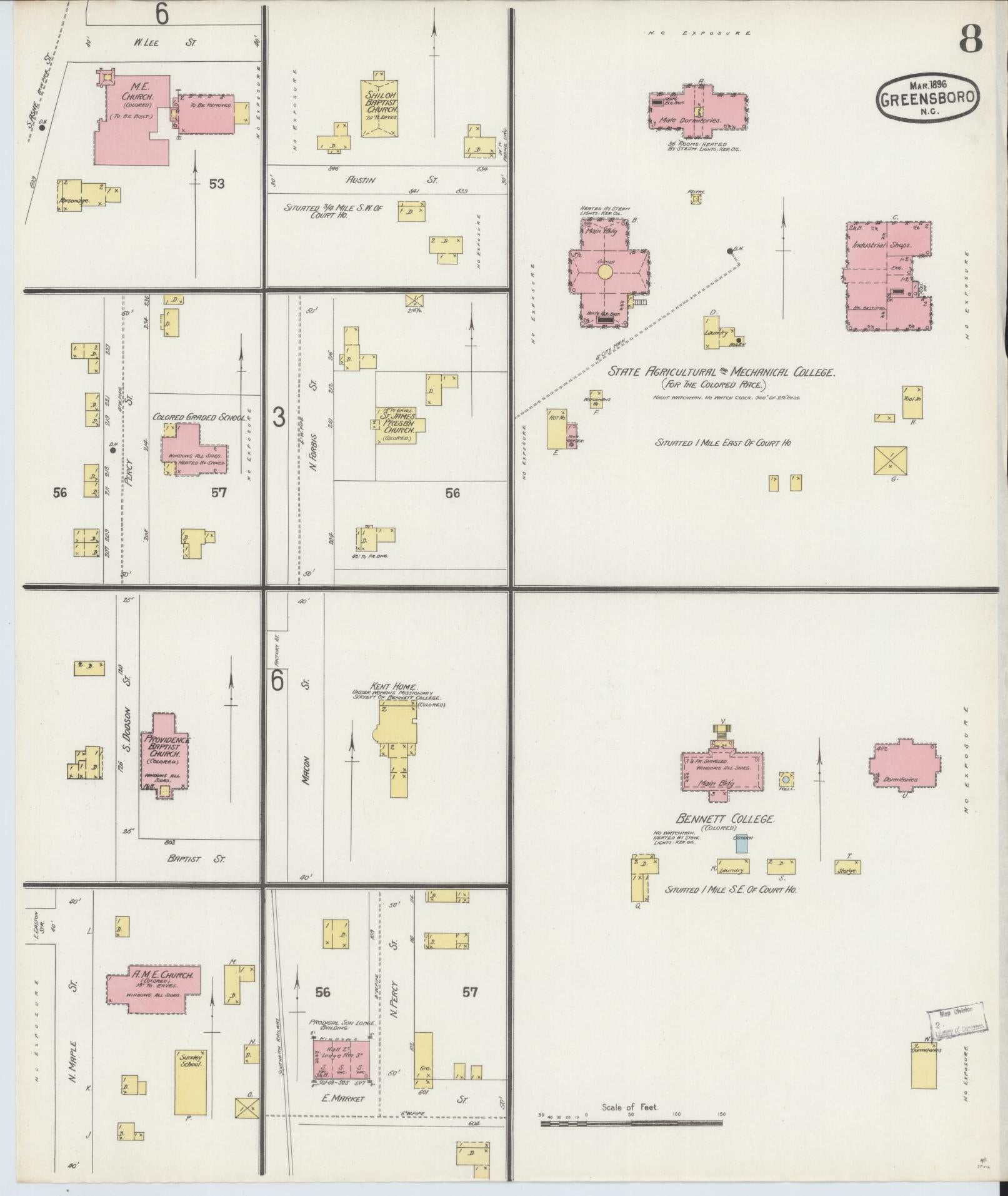 Sanborn Fire Insurance Map from Greensboro, Guilford County, North Carolina (1896), Sheet #0008 - Historic Sanborn Fire Insurance Map Print, vintage old map wall art, antique decor, genealogy gift, North Carolina North Carolina map