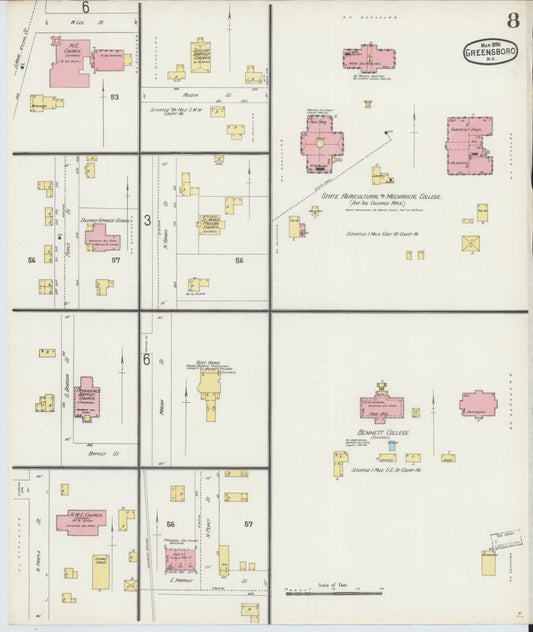 Sanborn Fire Insurance Map from Greensboro, Guilford County, North Carolina (1896), Sheet #0008 - Historic Sanborn Fire Insurance Map Print, vintage old map wall art, antique decor, genealogy gift, North Carolina North Carolina map
