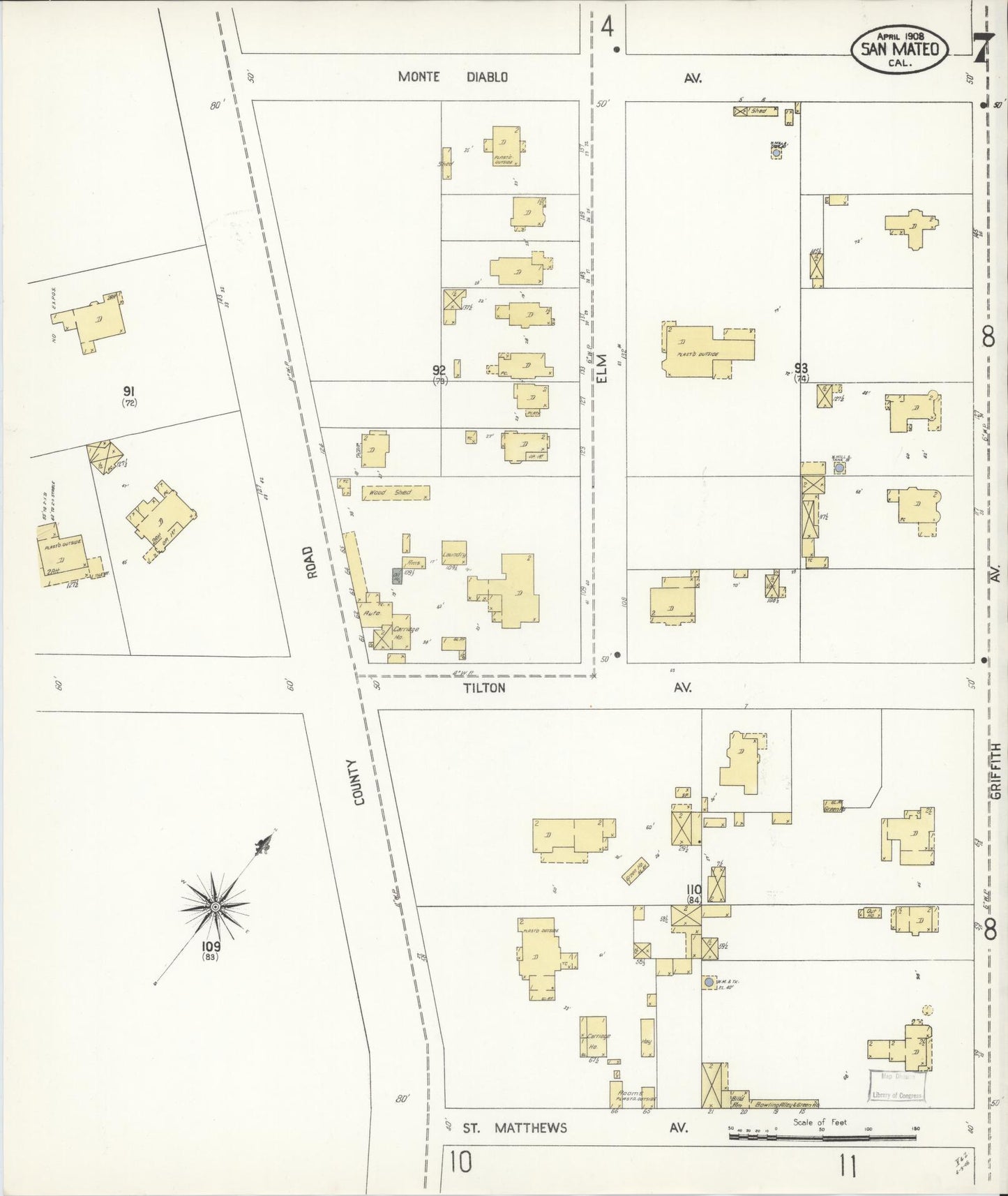 Sanborn Fire Insurance Map from San Mateo, San Mateo County, California (1908), Sheet #0007 - Complete Map Set gallery image, historic Sanborn map, vintage wall art, California California