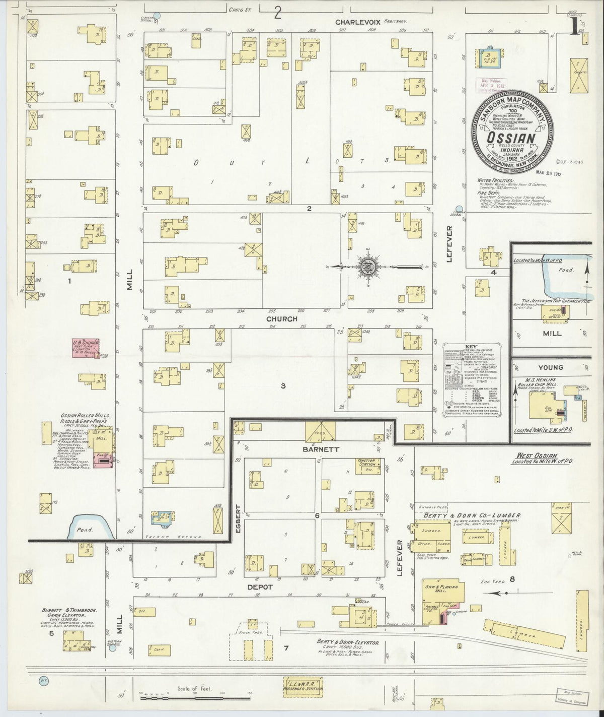 Sanborn Fire Insurance Map from Ossian, Wells County, Indiana (1912), Sheet #0001 - Historic Sanborn Fire Insurance Map Print, vintage old map wall art, antique decor, genealogy gift, Indiana Indiana map