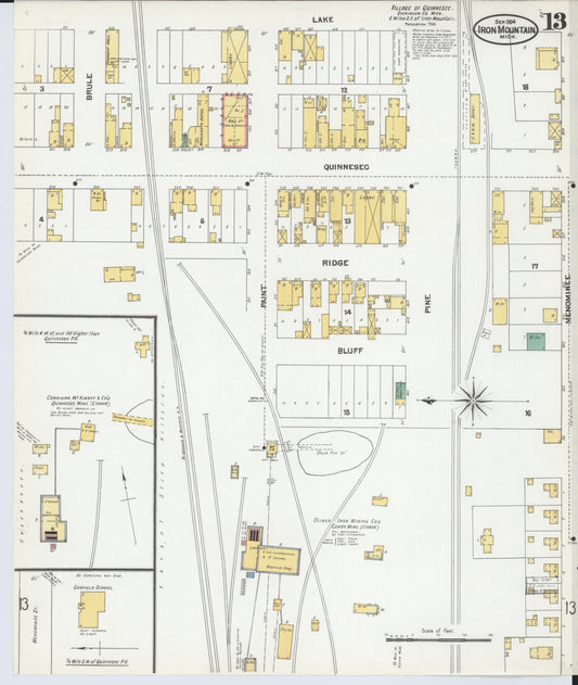 Sanborn Fire Insurance Map from Iron Mountain, Dickinson County, Michigan (1904), Sheet #0013 - Historic Sanborn Fire Insurance Map Print, vintage old map wall art, antique decor, genealogy gift, Michigan Michigan map