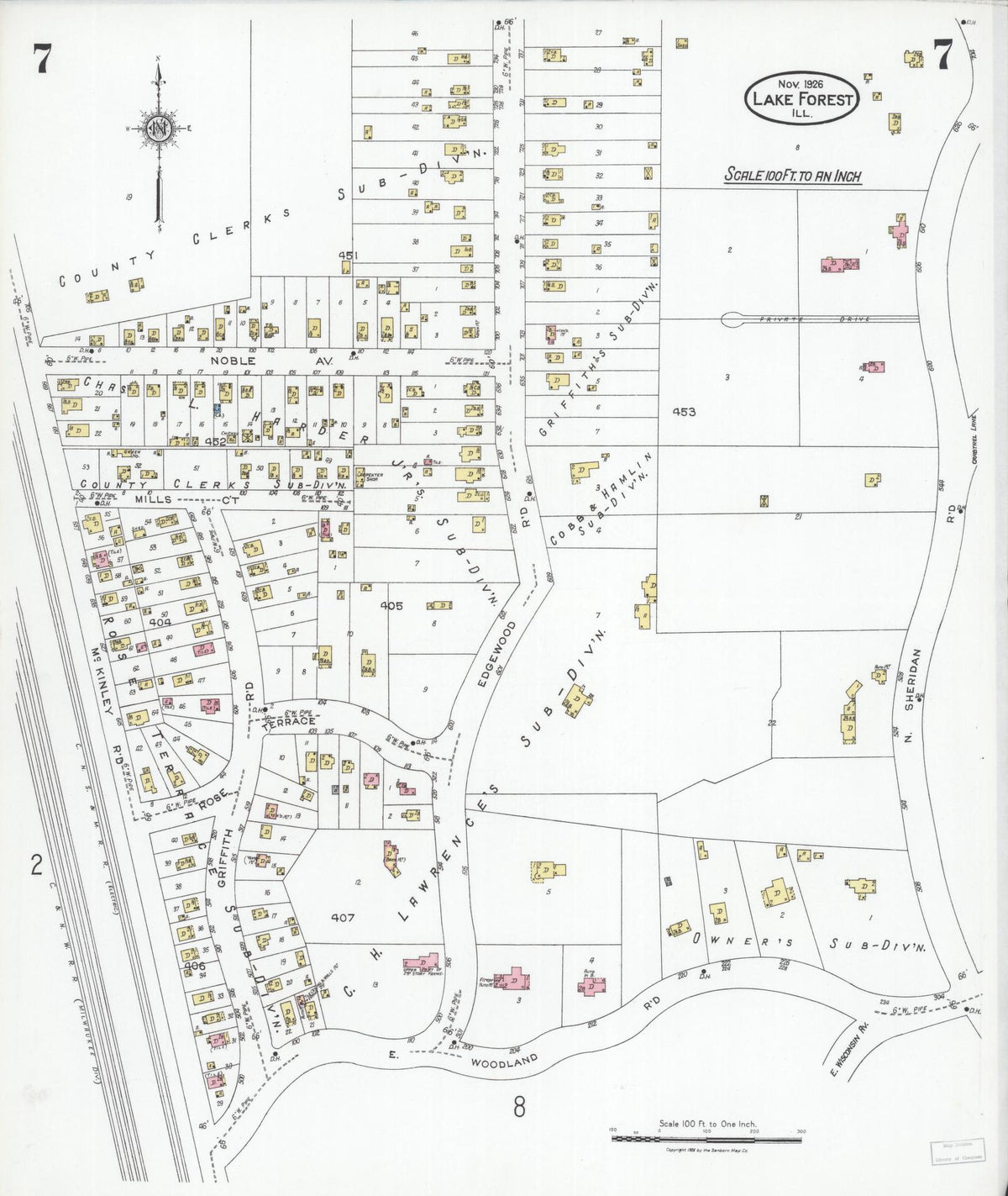 Sanborn Fire Insurance Map from Lake Forest, Lake County, Illinois (1926), Sheet #0007 - Historic Sanborn Fire Insurance Map Print, vintage old map wall art, antique decor, genealogy gift, Illinois Illinois map