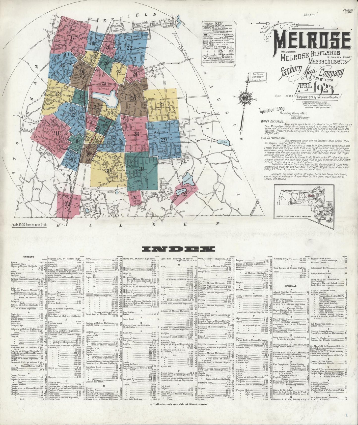 Sanborn Fire Insurance Map from Melrose, Middlesex County, Massachusetts (1923), Sheet #0001 - Historic Sanborn Fire Insurance Map Print, vintage old map wall art, antique decor, genealogy gift, Massachusetts Massachusetts map