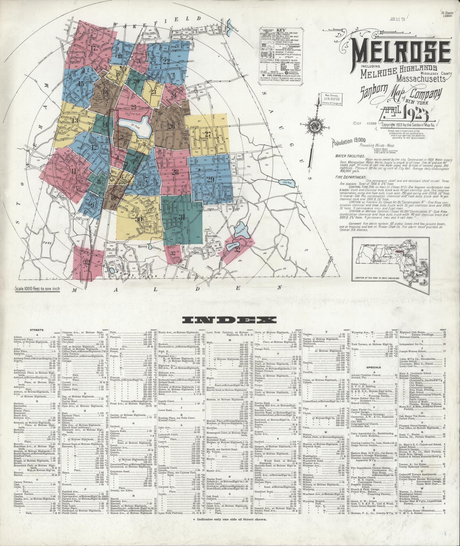 Sanborn Fire Insurance Map from Melrose, Middlesex County, Massachusetts (1923), Sheet #0001 - Historic Sanborn Fire Insurance Map Print, vintage old map wall art, antique decor, genealogy gift, Massachusetts Massachusetts map