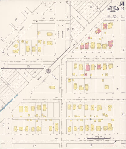 Sanborn Fire Insurance Map from Twin Falls, Twin Falls County, Idaho (1922), Sheet #0014 - Complete Map Set gallery image, historic Sanborn map, vintage wall art, Falls Idaho