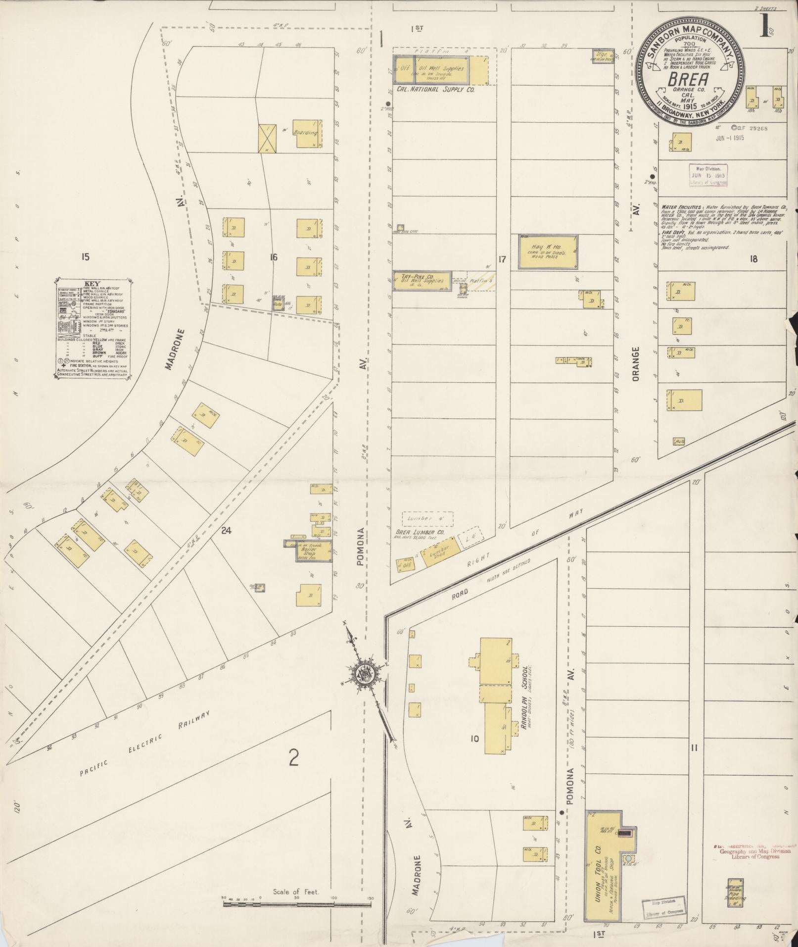 Sanborn Fire Insurance Map from Brea, Orange County, California (1915), Sheet #0001 - Historic Sanborn Fire Insurance Map Print, vintage old map wall art, antique decor, genealogy gift, California California map