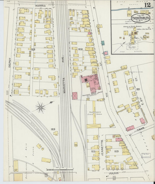 Sanborn Fire Insurance Map from Parkersburg, Wood County, West Virginia (1893), Sheet #0012 - Historic Sanborn Fire Insurance Map Print, vintage old map wall art, antique decor, genealogy gift, West Virginia West Virginia map