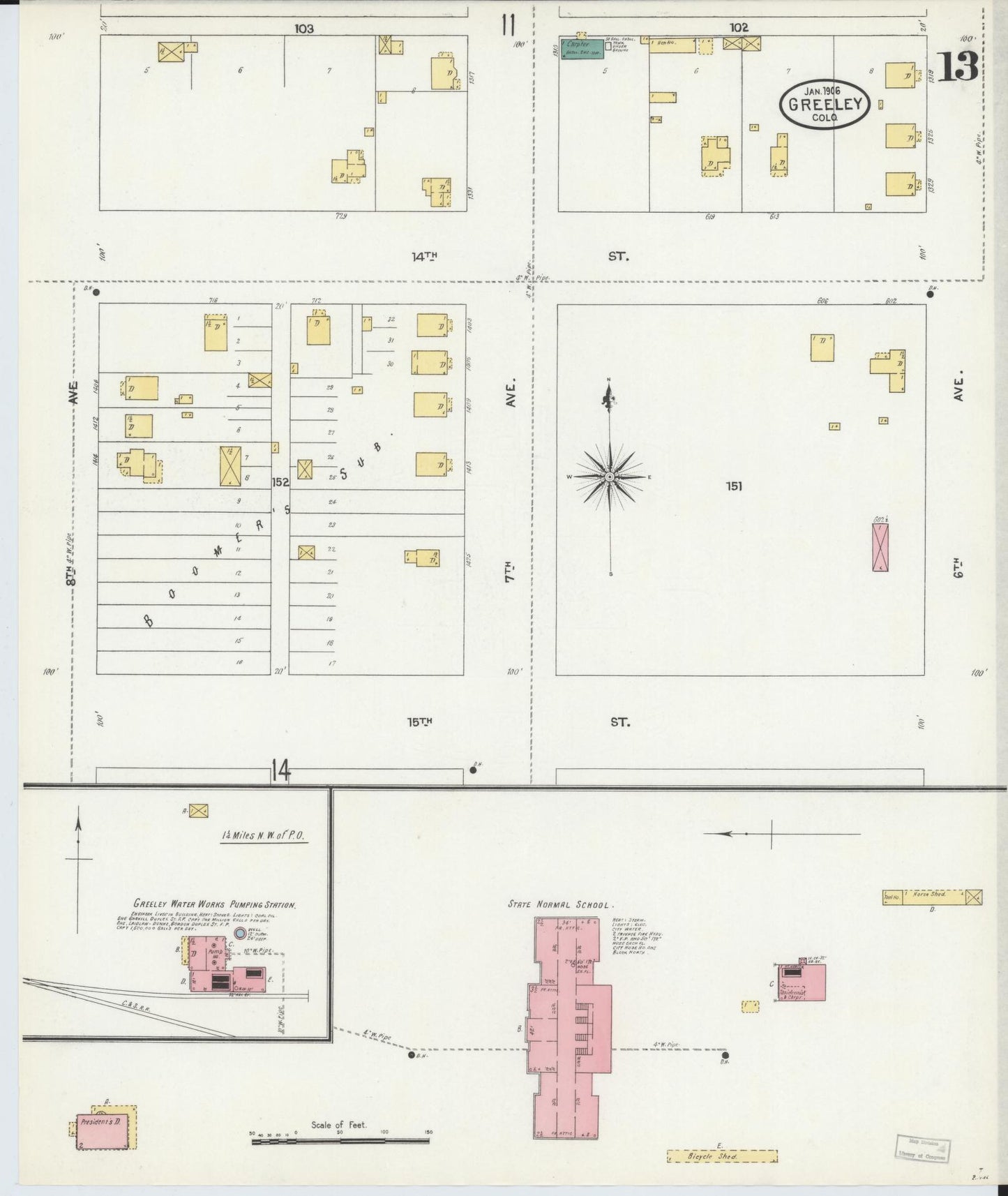 Sanborn Fire Insurance Map from Greeley, Weld County, Colorado (1906), Sheet #0013 - Historic Sanborn Fire Insurance Map Print, vintage old map wall art, antique decor, genealogy gift, Colorado Colorado map