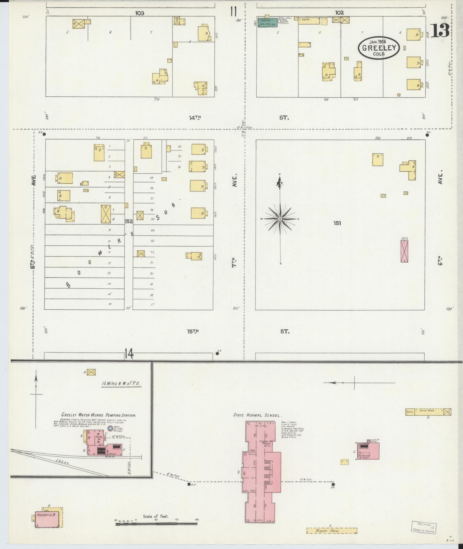 Sanborn Fire Insurance Map from Greeley, Weld County, Colorado (1906), Sheet #0013 - Historic Sanborn Fire Insurance Map Print, vintage old map wall art, antique decor, genealogy gift, Colorado Colorado map
