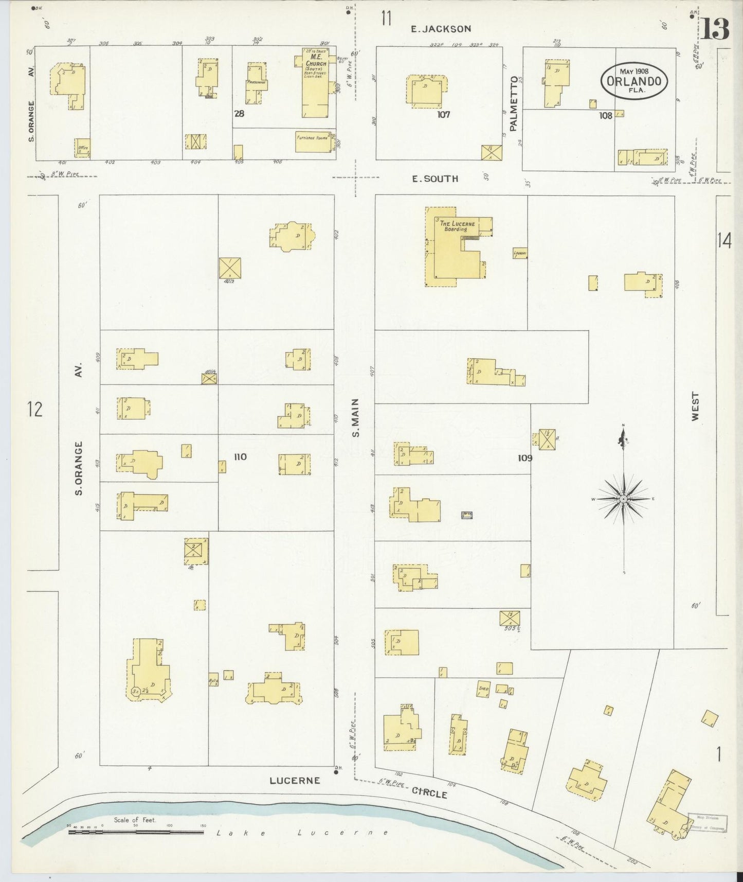 Sanborn Fire Insurance Map from Orlando, Orange County, Florida (1908), Sheet #0013 - Historic Sanborn Fire Insurance Map Print, vintage old map wall art, antique decor, genealogy gift, Florida Florida map