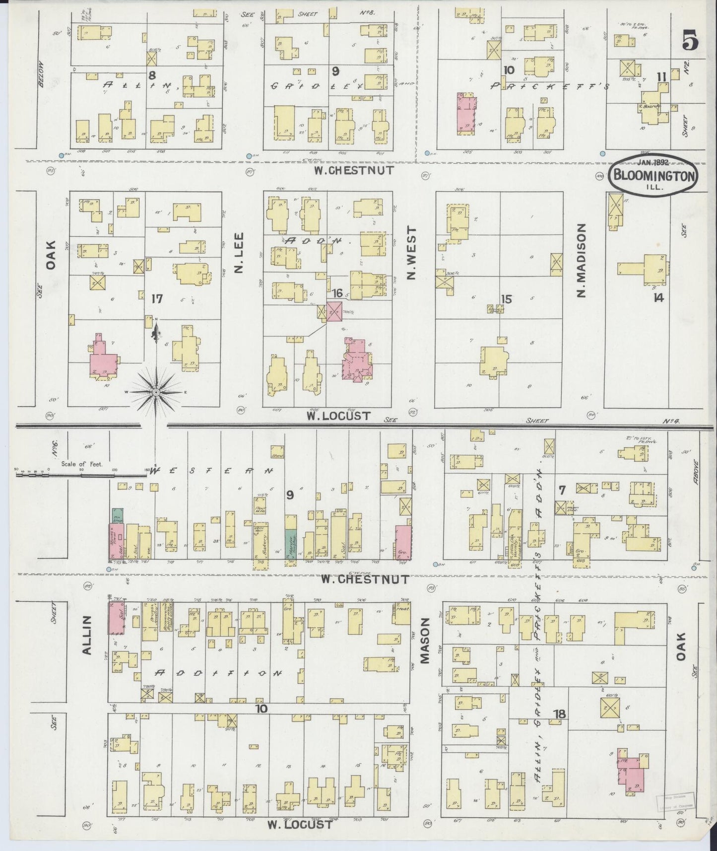 Sanborn Fire Insurance Map from Bloomington, McLean County, Illinois (1892), Sheet #0005 - Complete Map Set gallery image, historic Sanborn map, vintage wall art, Illinois Illinois