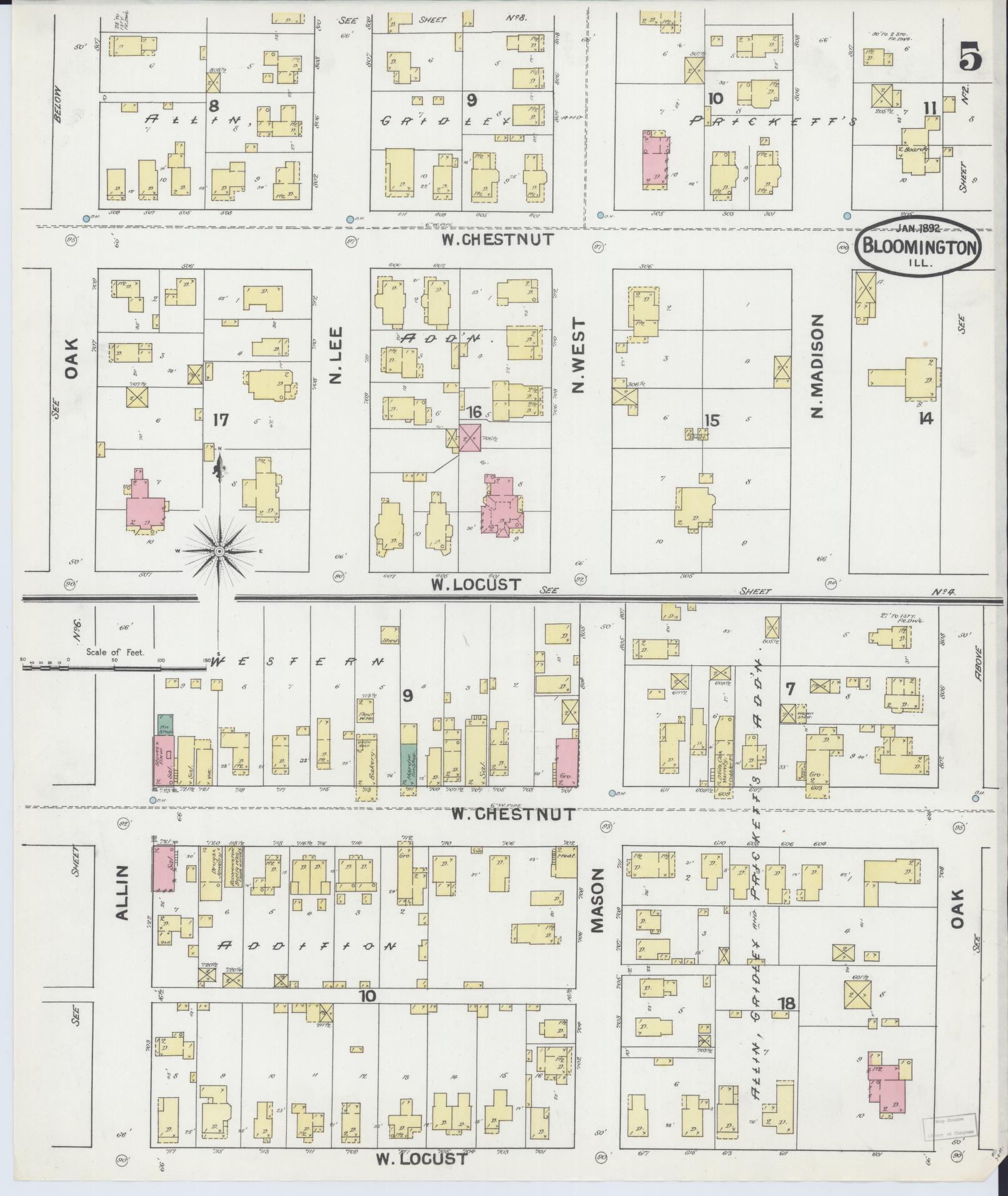 Sanborn Fire Insurance Map from Bloomington, McLean County, Illinois (1892), Sheet #0005 - Complete Map Set gallery image, historic Sanborn map, vintage wall art, Illinois Illinois