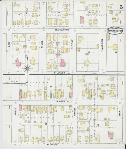 Sanborn Fire Insurance Map from Bloomington, McLean County, Illinois (1892), Sheet #0005 - Complete Map Set gallery image, historic Sanborn map, vintage wall art, Illinois Illinois