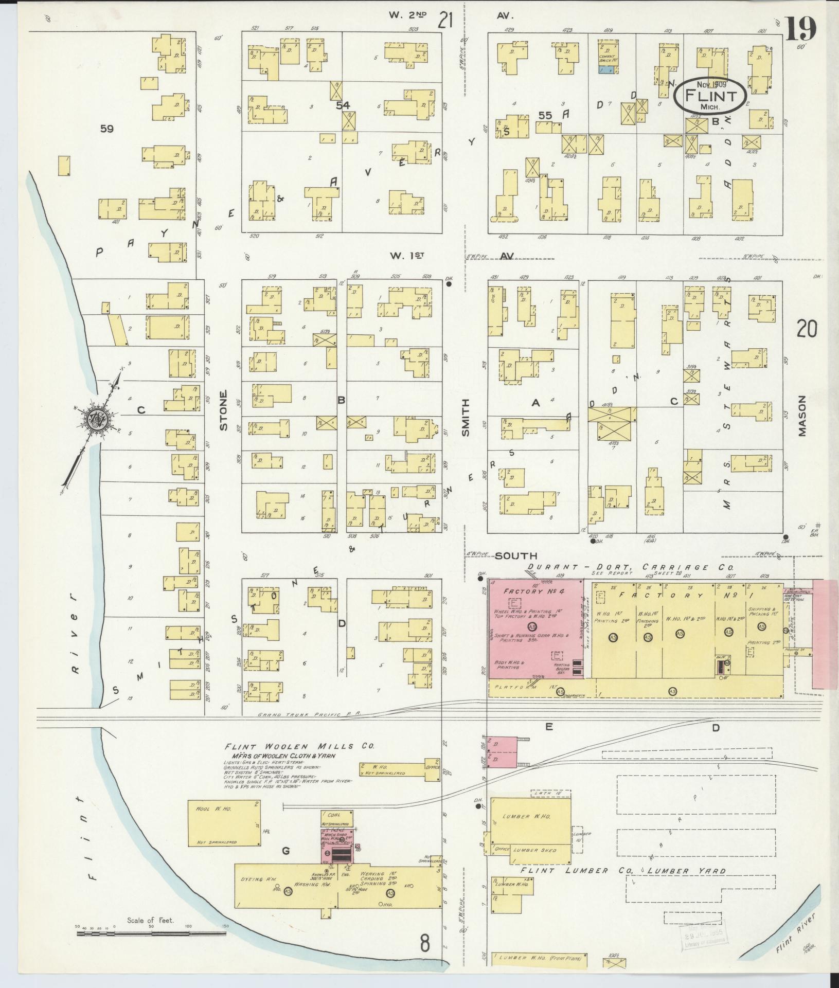Sanborn Fire Insurance Map from Flint, Genesee County, Michigan (1909), Sheet #0019 - Complete Map Set gallery image, historic Sanborn map, vintage wall art, Michigan Michigan