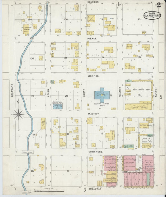 Sanborn Fire Insurance Map from Clarksville, Red River County, Texas (1896), Sheet #0002 - Historic Sanborn Fire Insurance Map Print, vintage old map wall art, antique decor, genealogy gift, Texas Texas map