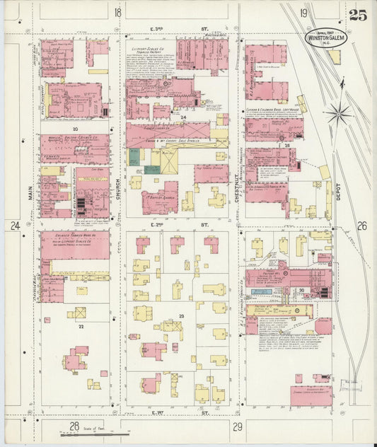 Sanborn Fire Insurance Map from Winston-Salem, Forsyth County, North Carolina (1907), Sheet #0025 - Historic Sanborn Fire Insurance Map Print, vintage old map wall art, antique decor, genealogy gift, North Carolina North Carolina map