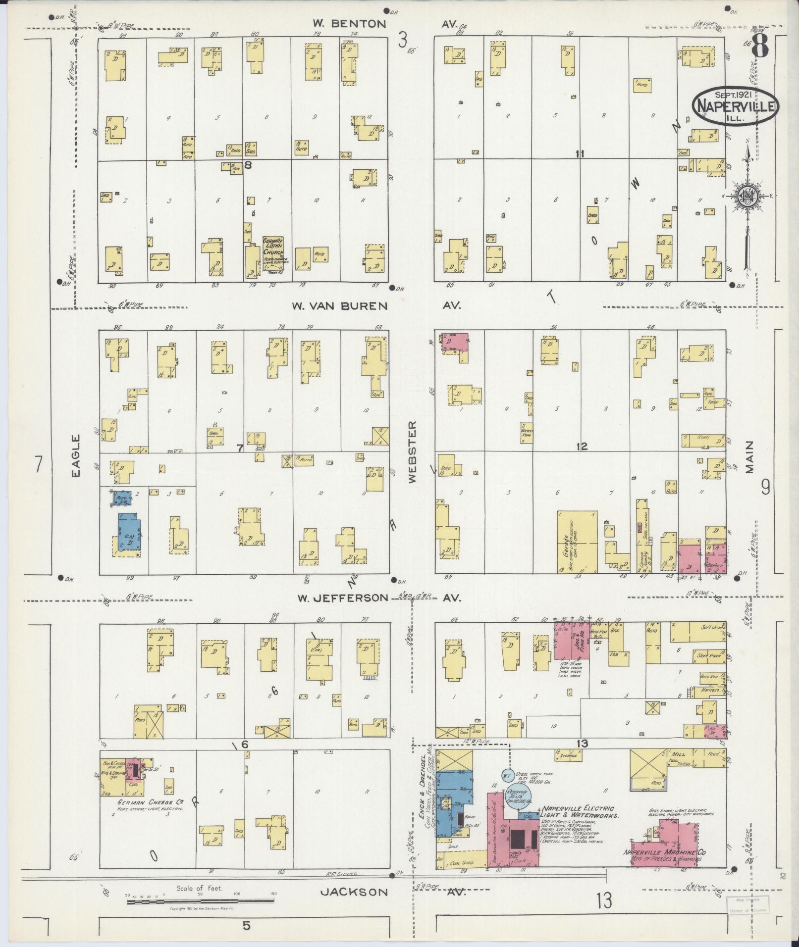 Sanborn Fire Insurance Map from Naperville, Du Page County, Illinois (1921), Sheet #0008 - Complete Map Set gallery image, historic Sanborn map, vintage wall art, Illinois Illinois