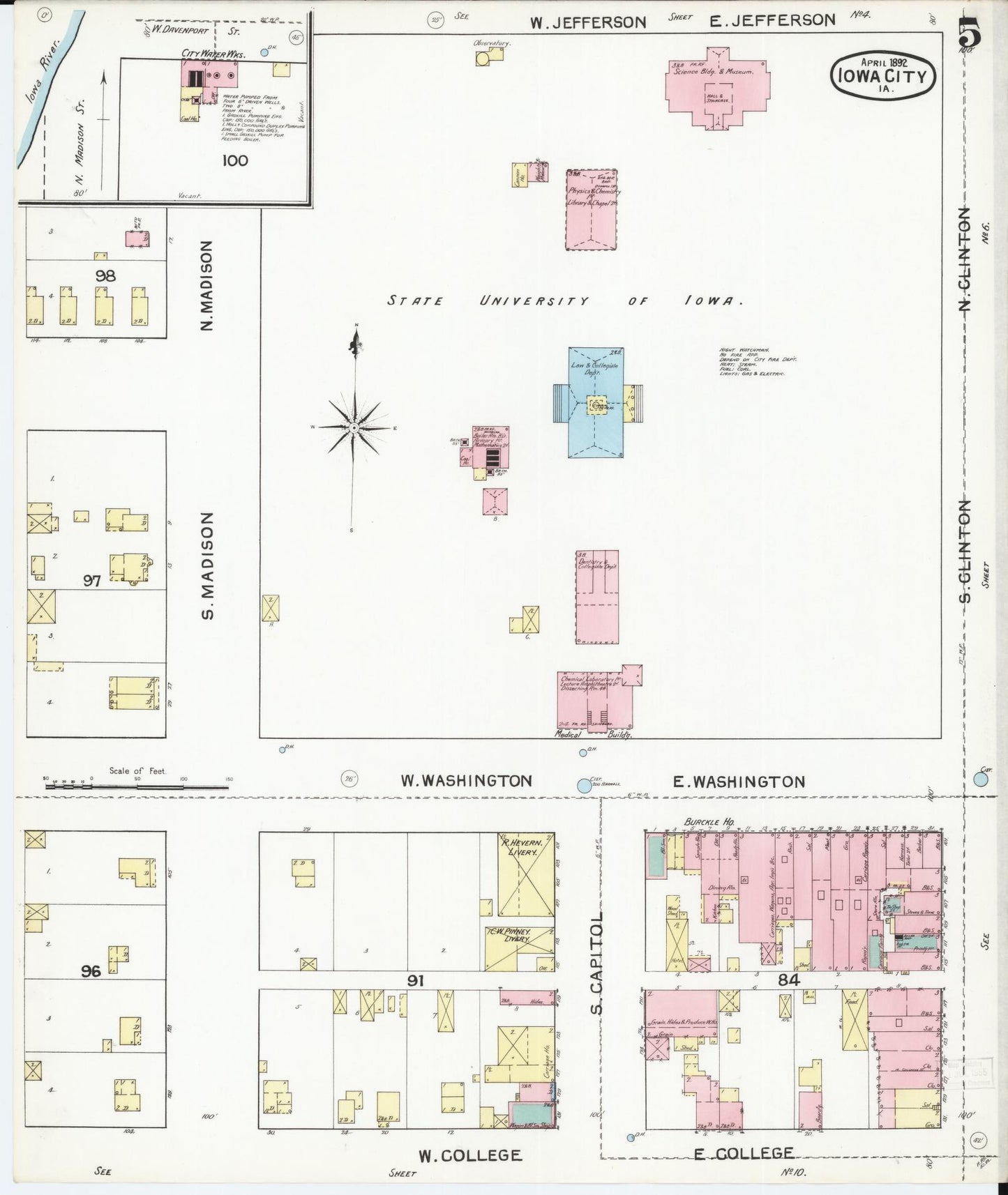 Sanborn Fire Insurance Map from Iowa City, Johnson County, Iowa (1892), Sheet #0005 - Historic Sanborn Fire Insurance Map Print, vintage old map wall art