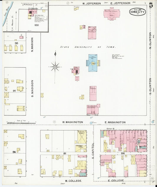 Sanborn Fire Insurance Map from Iowa City, Johnson County, Iowa (1892), Sheet #0005 - Historic Sanborn Fire Insurance Map Print, vintage old map wall art