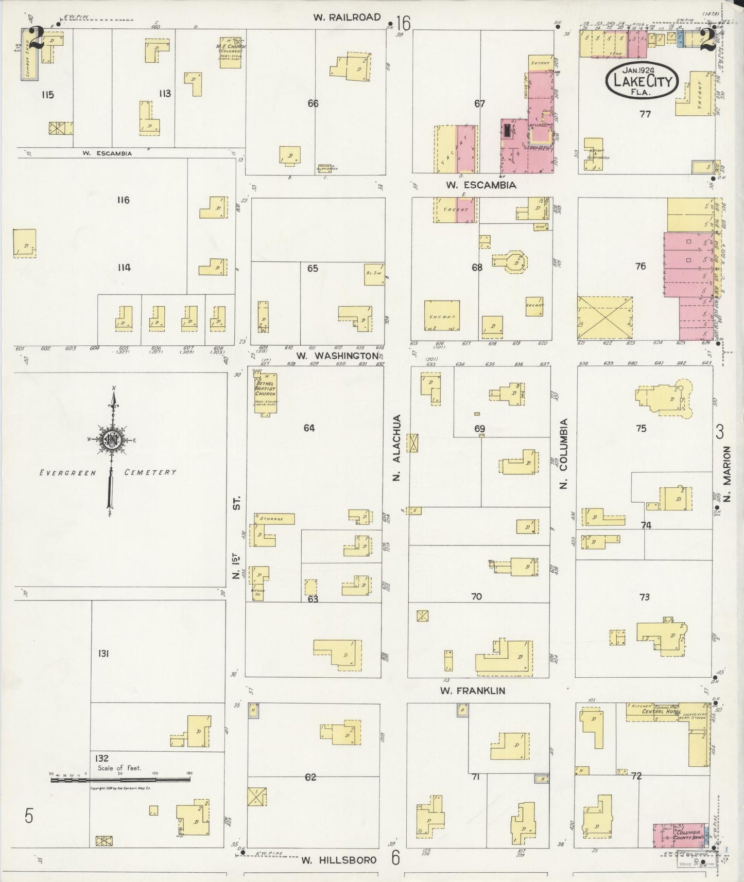 Sanborn Fire Insurance Map from Lake City, Columbia County, Florida (1924), Sheet #0002 - Complete Map Set gallery image, historic Sanborn map, vintage wall art, Florida Florida