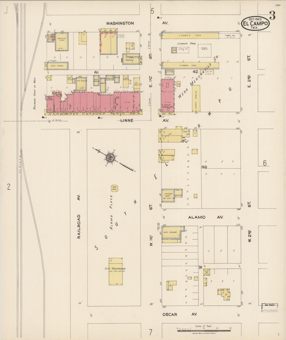 Sanborn Fire Insurance Map from El Campo, Wharton County, Texas (1922), Sheet #0003 - Complete Map Set gallery image, historic Sanborn map, vintage wall art, Texas Texas
