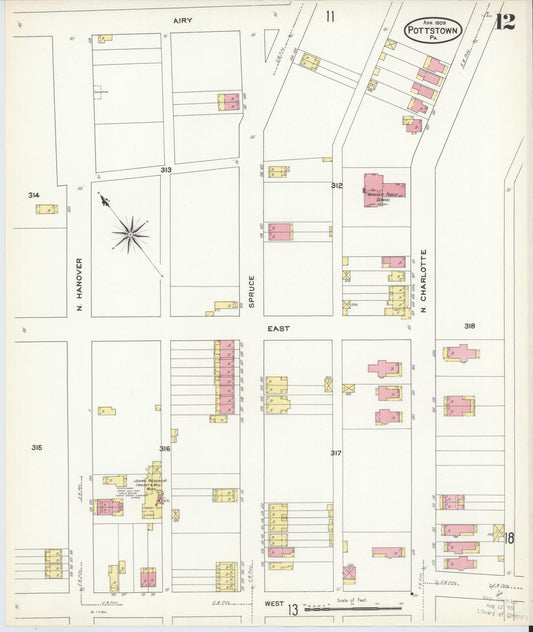 Sanborn Fire Insurance Map from Pottstown, Montgomery County, Pennsylvania (1909), Sheet #0012 - Historic Sanborn Fire Insurance Map Print, vintage old map wall art, antique decor, genealogy gift, Pennsylvania Pennsylvania map