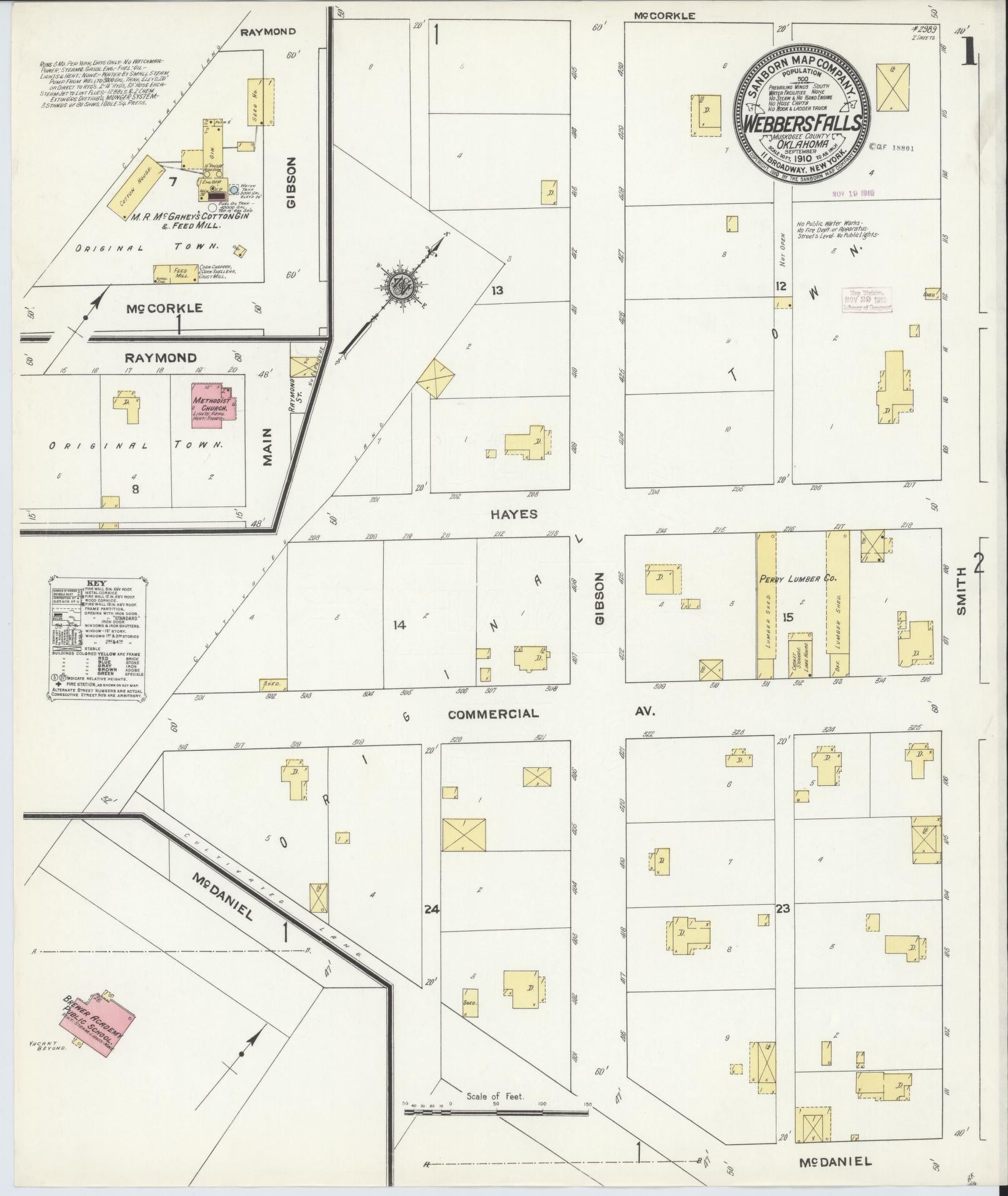 Sanborn Fire Insurance Map from Webbers Falls, Muskogee County, Oklahoma (1910), Sheet #0001 - Historic Sanborn Fire Insurance Map Print, vintage old map wall art, antique decor, genealogy gift, Oklahoma Oklahoma map