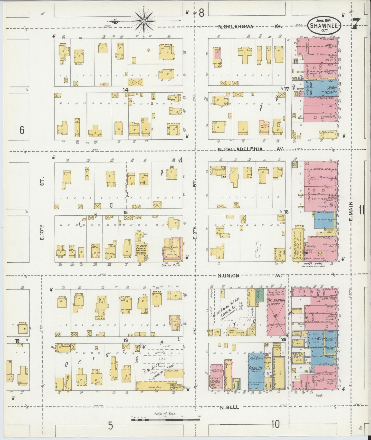 Sanborn Fire Insurance Map from Shawnee, Pottawatomie County, Oklahoma (1904), Sheet #0007 - Complete Map Set gallery image, historic Sanborn map, vintage wall art, Oklahoma Oklahoma