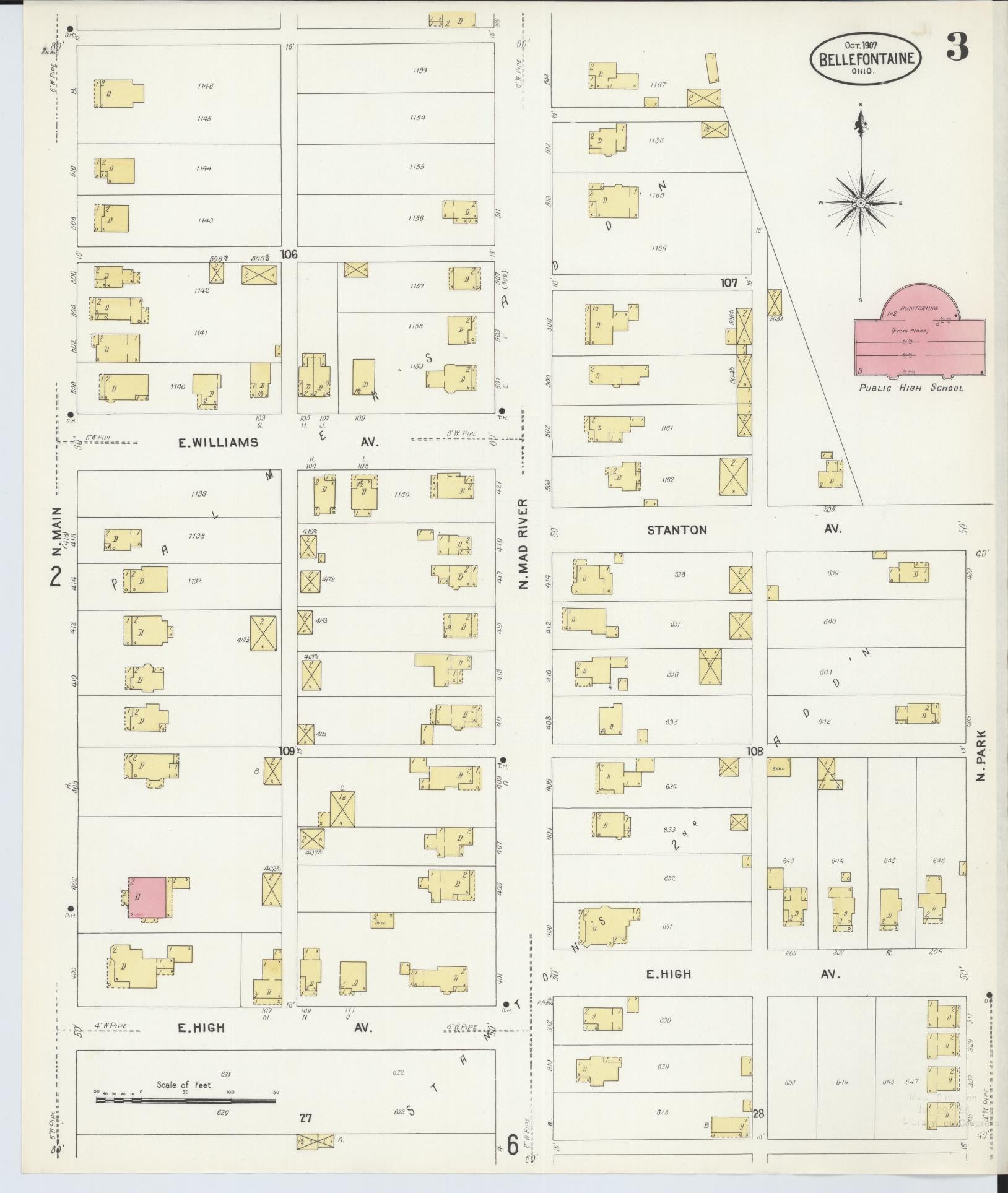 Sanborn Fire Insurance Map from Bellefontaine, Logan County, Ohio (1907), Sheet #0003 - Historic Sanborn Fire Insurance Map Print, vintage old map wall art, antique decor, genealogy gift, Ohio Ohio map