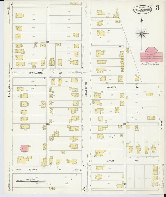 Sanborn Fire Insurance Map from Bellefontaine, Logan County, Ohio (1907), Sheet #0003 - Historic Sanborn Fire Insurance Map Print, vintage old map wall art, antique decor, genealogy gift, Ohio Ohio map