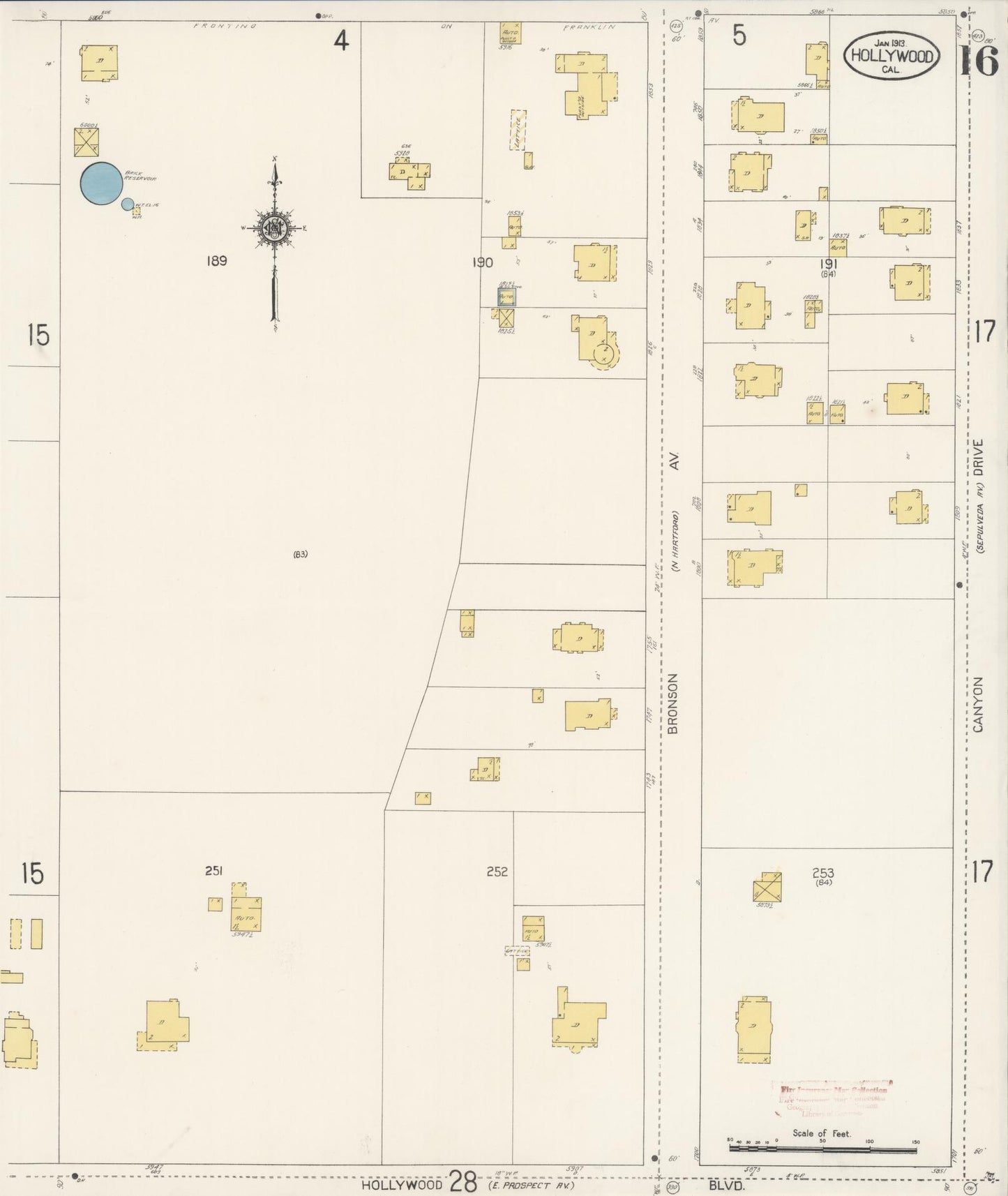 Sanborn Fire Insurance Map from Hollywood, Los Angeles County, California (1913), Sheet #0016 - Historic Sanborn Fire Insurance Map Print, vintage old map wall art, antique decor, genealogy gift, California California map