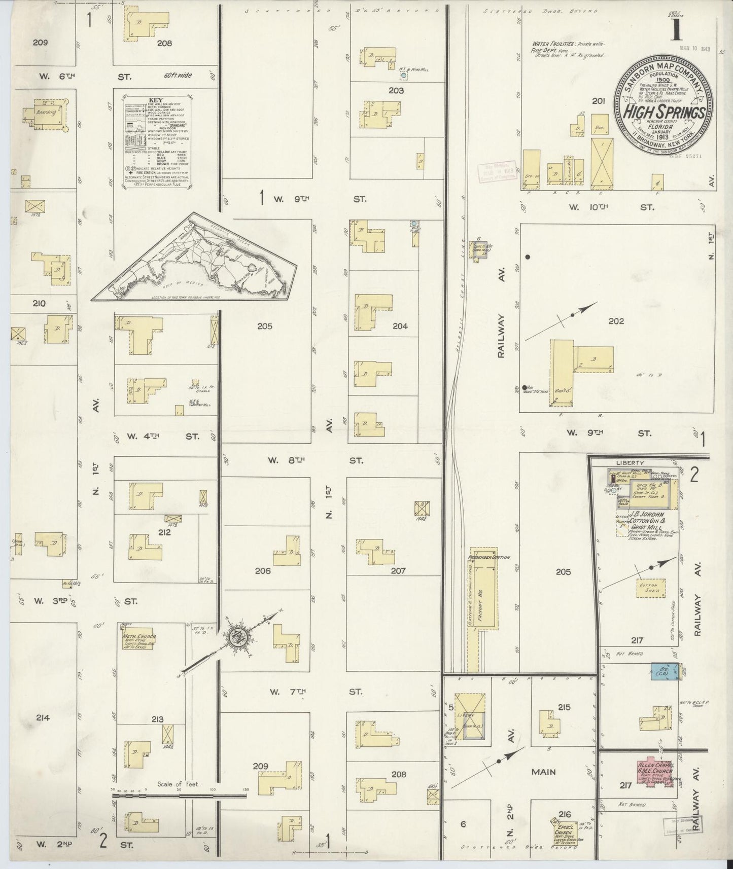 Sanborn Fire Insurance Map from High Springs, Alachua County, Florida (1913), Sheet #0001 - Complete Map Set gallery image, historic Sanborn map, vintage wall art, Florida Florida