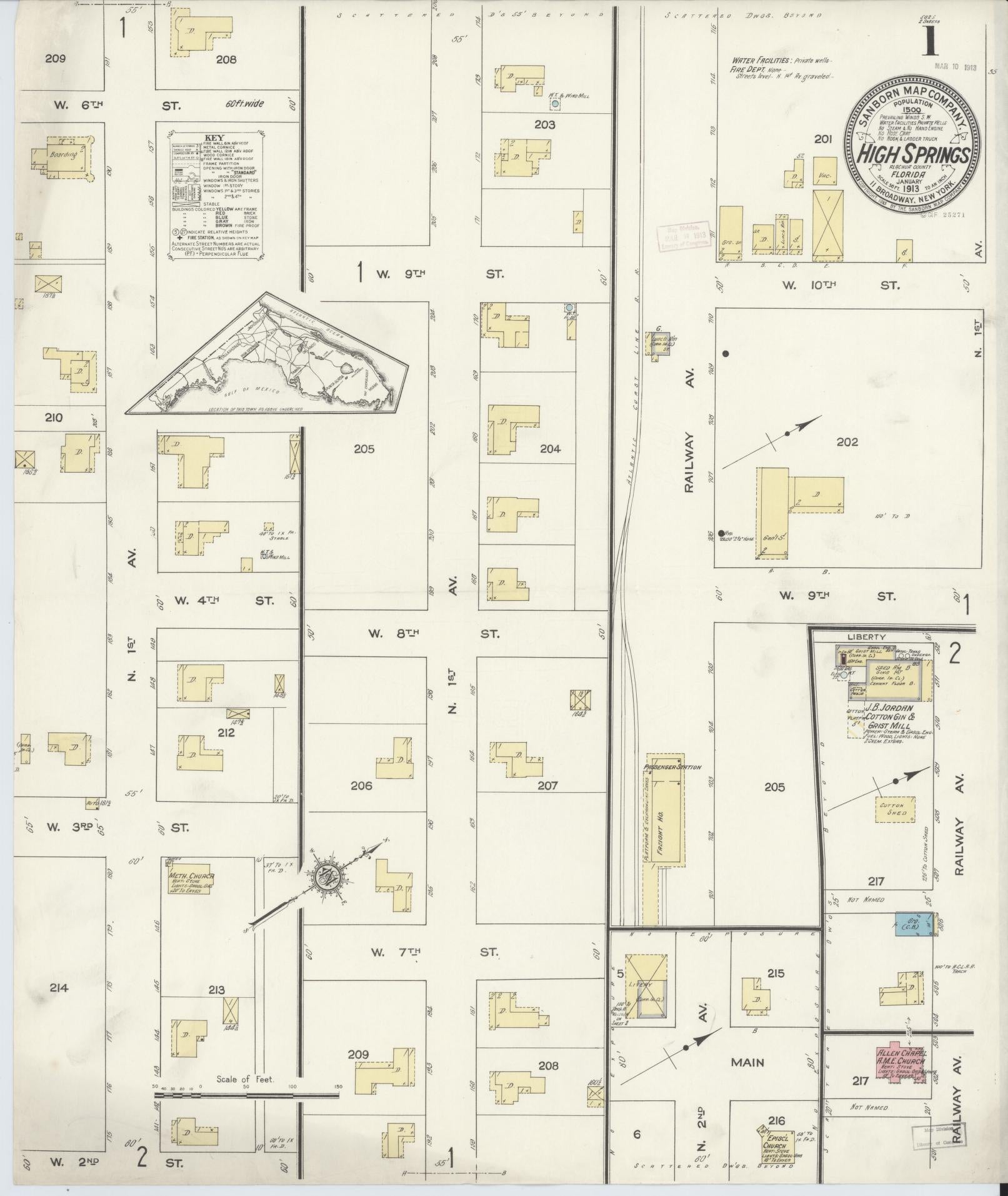 Sanborn Fire Insurance Map from High Springs, Alachua County, Florida (1913), Sheet #0001 - Complete Map Set gallery image, historic Sanborn map, vintage wall art, Florida Florida