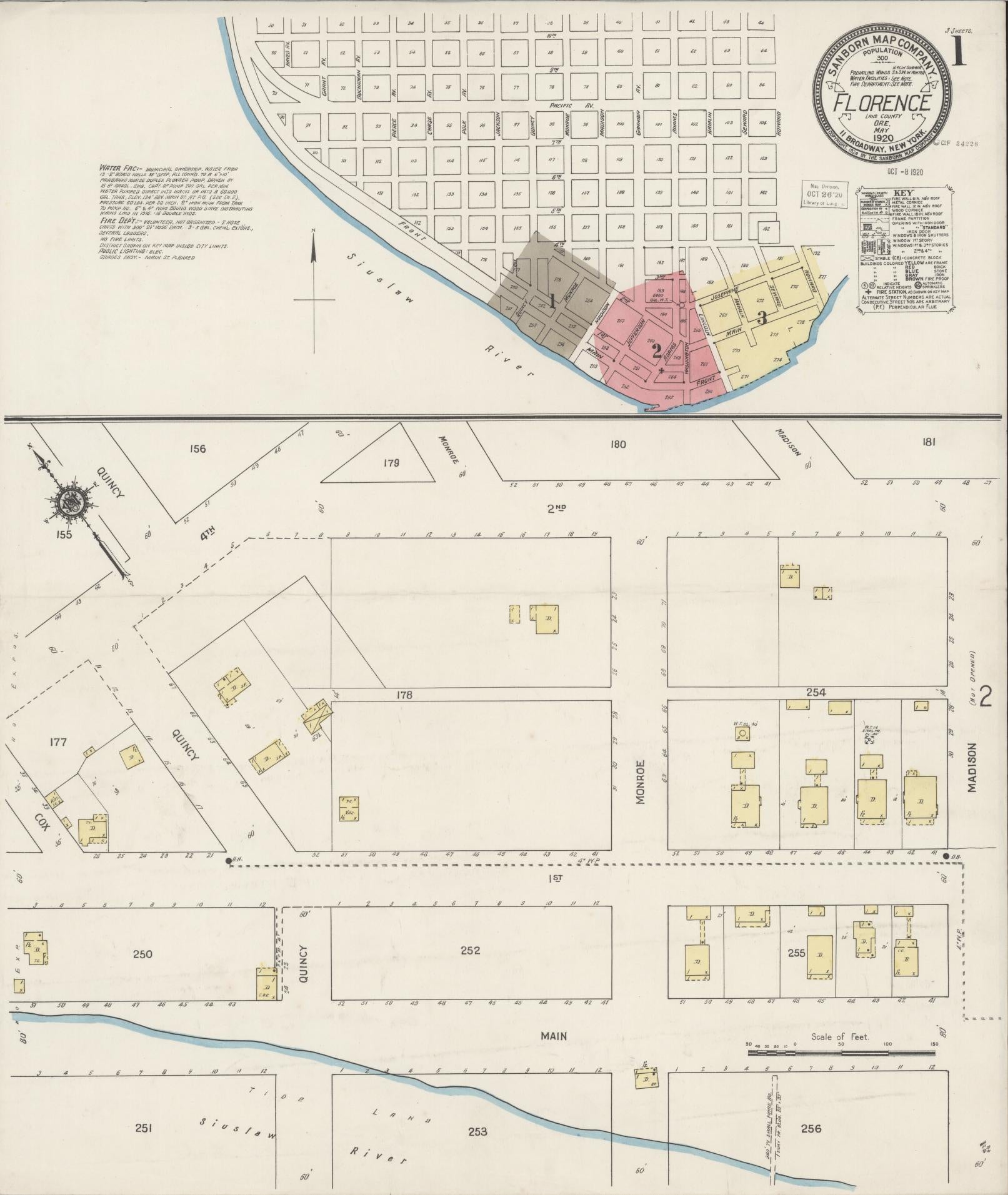 Sanborn Fire Insurance Map from Florence, Lane County, Oregon (1920), Sheet #0001 - Historic Sanborn Fire Insurance Map Print, vintage old map wall art, antique decor, genealogy gift, Oregon Oregon map