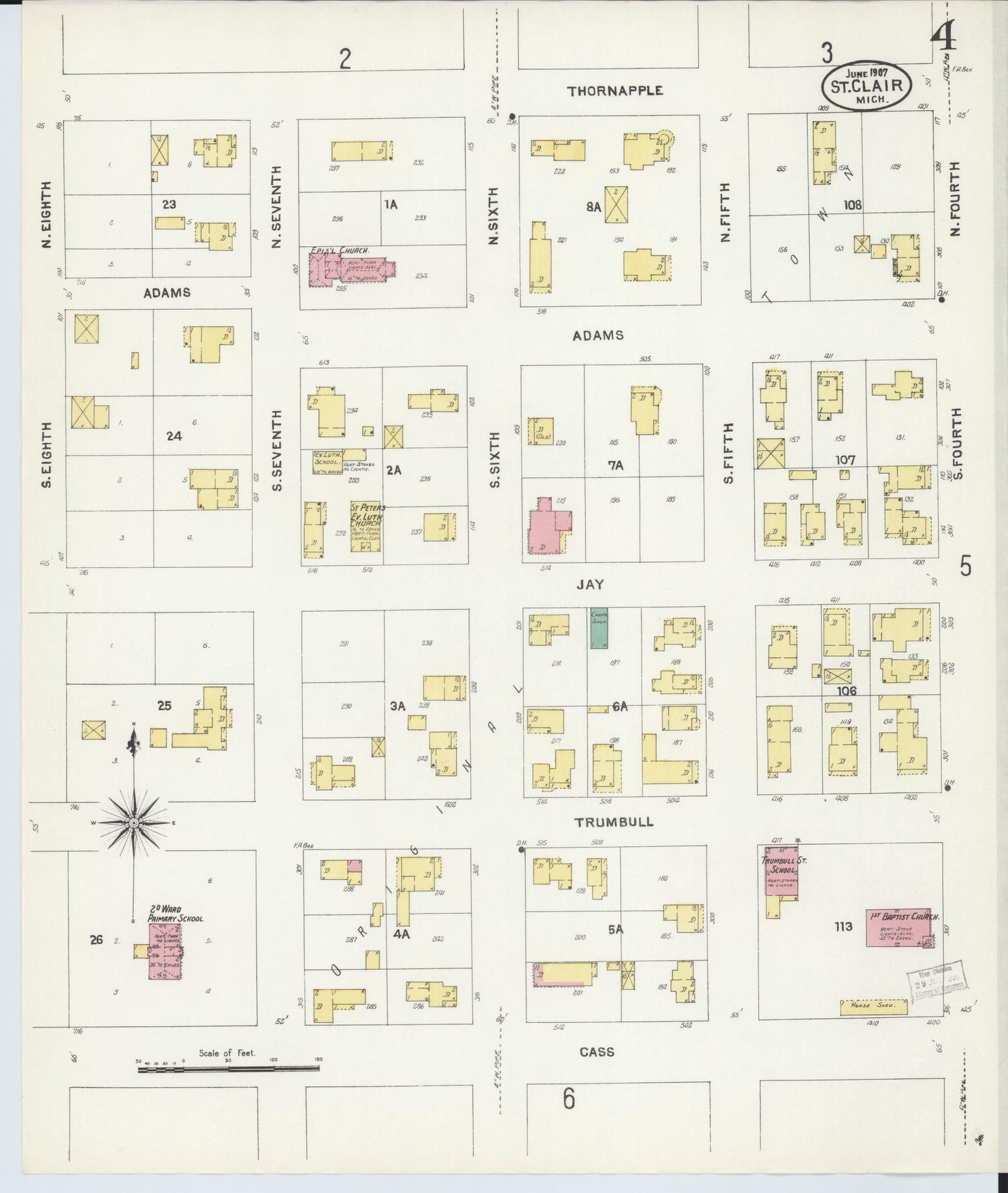 Sanborn Fire Insurance Map from Saint Clair, Saint Clair County, Michigan (1907), Sheet #0004 - Complete Map Set gallery image, historic Sanborn map, vintage wall art, Michigan Michigan