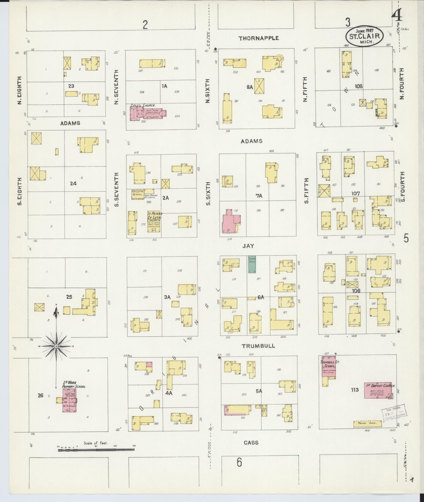 Sanborn Fire Insurance Map from Saint Clair, Saint Clair County, Michigan (1907), Sheet #0004 - Complete Map Set gallery image, historic Sanborn map, vintage wall art, Michigan Michigan