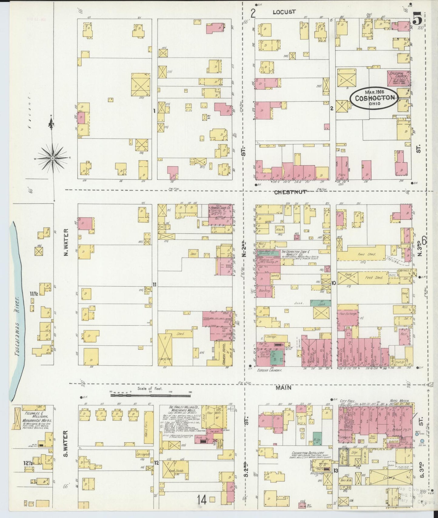 Sanborn Fire Insurance Map from Coshocton, Coshocton County, Ohio (1905), Sheet #0005 - Historic Sanborn Fire Insurance Map Print, vintage old map wall art, antique decor, genealogy gift, Ohio Ohio map